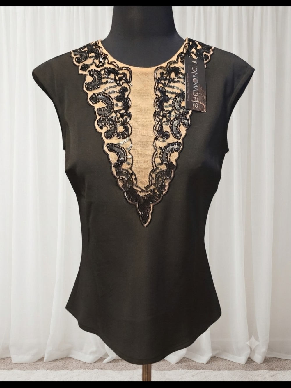 Sue Wong Black Camisole with Nude Illusion Lace V